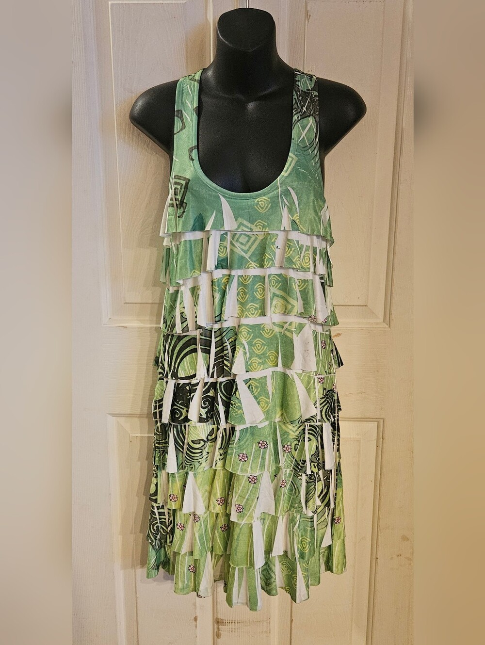 Sam & Max Green and White Tiered Ruffle Tank Dress Y2K
